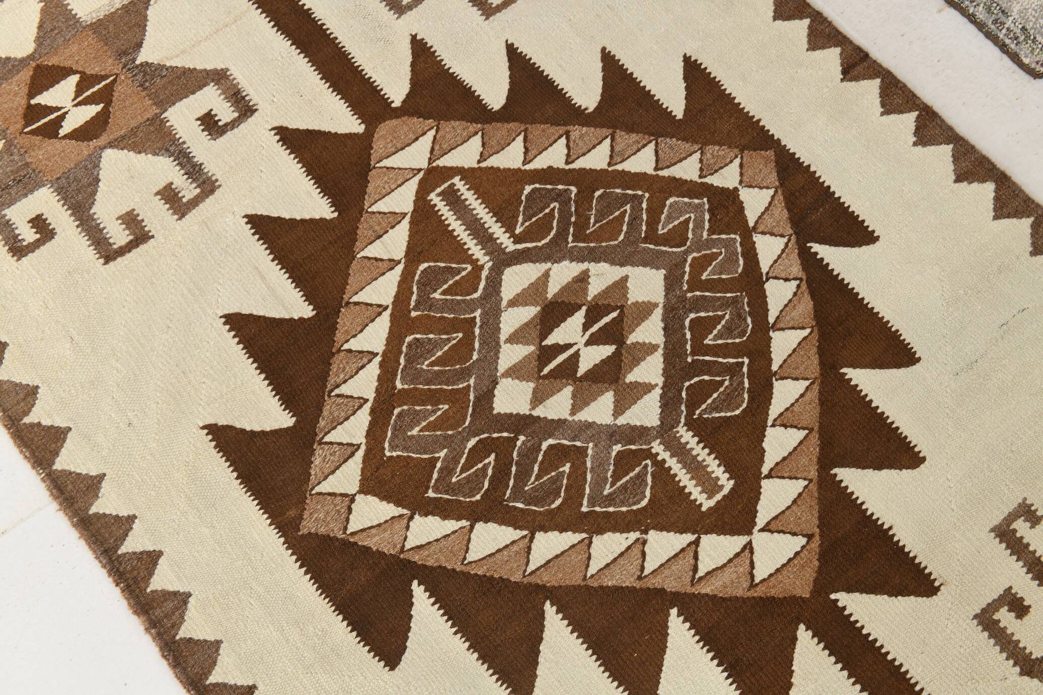 Tapis de couloir Kilim beige et marron 3x12, tapis turc délavé, 95x373 cm