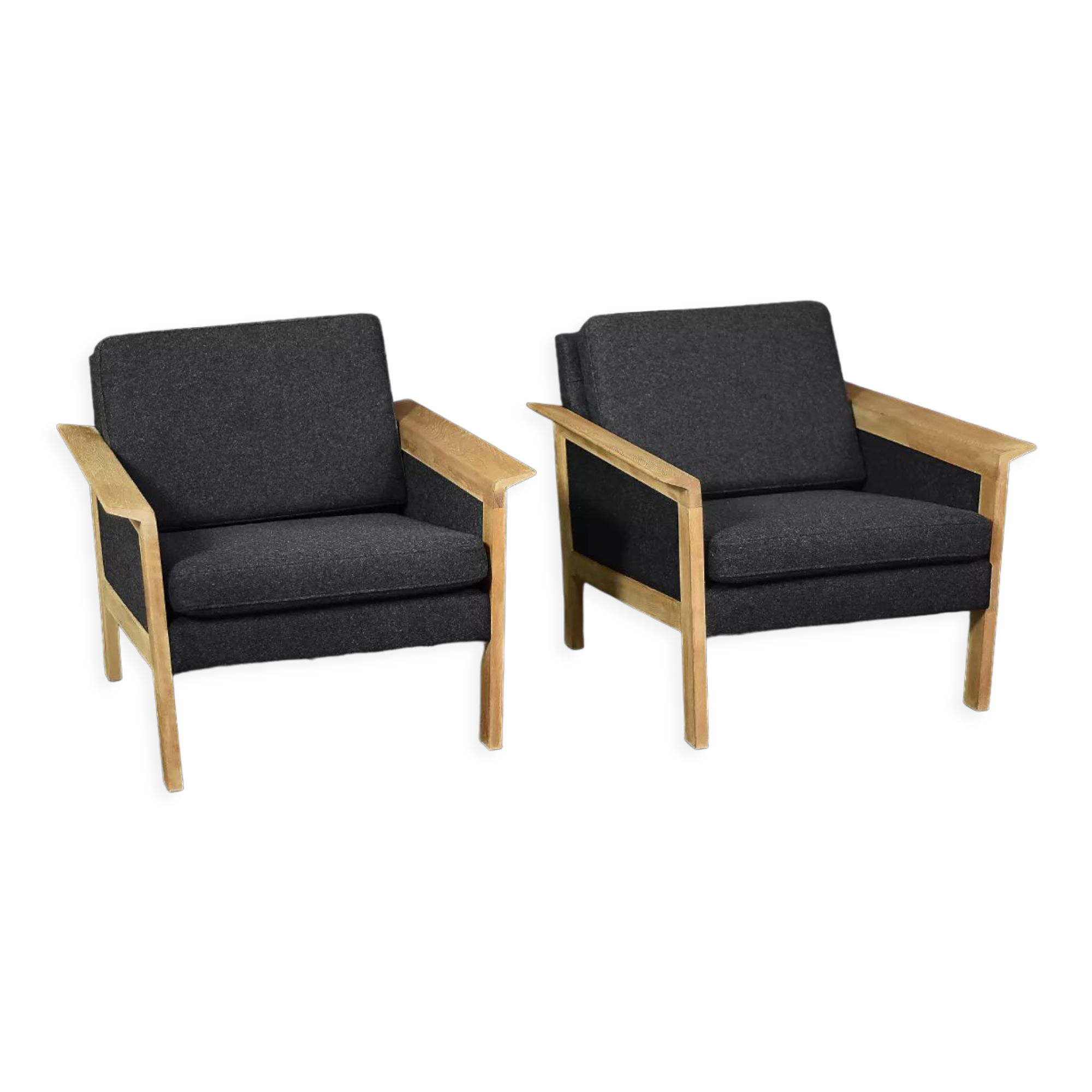 2 vintage oak and felt Danish chaise longues from the mid-century, 1960s.