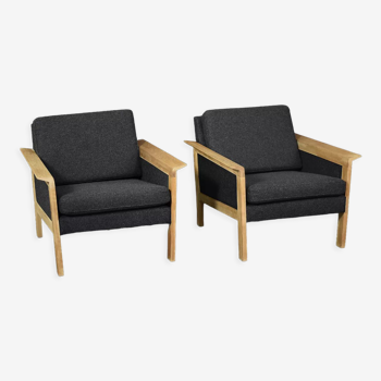 2 vintage mid-century danish modern oak & felt lounge chairs, 1960s