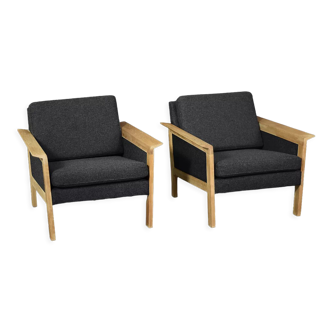 2 vintage mid-century danish modern oak & felt lounge chairs, 1960s