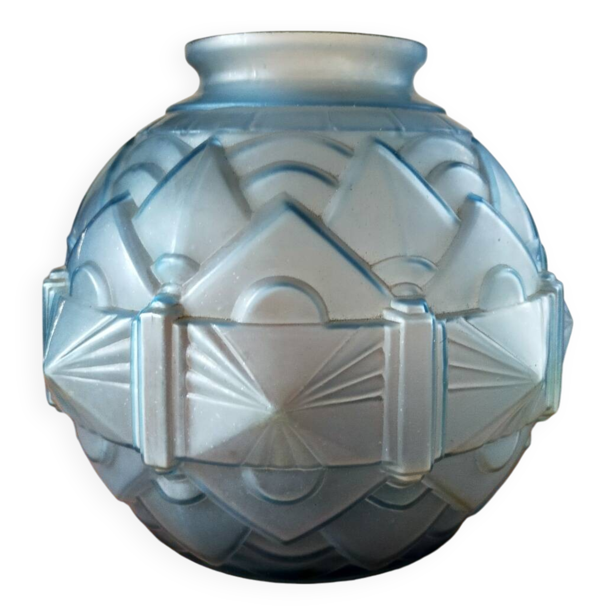 Art Deco ball vase frosted blue glass