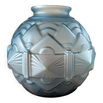 Art Deco ball vase frosted blue glass