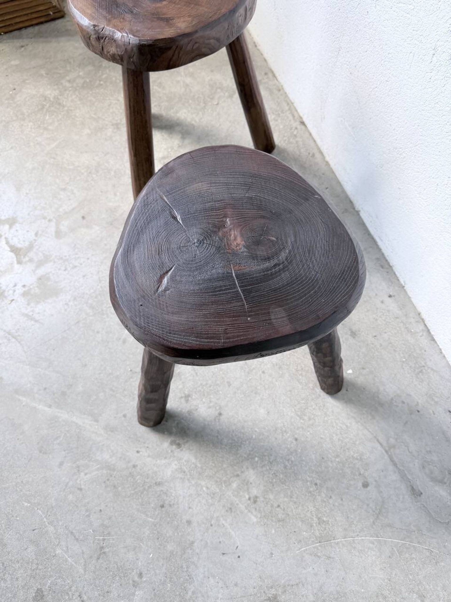 Pair of tripod stools in oak
