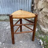 Pair tripod stool vintage design wood and straw