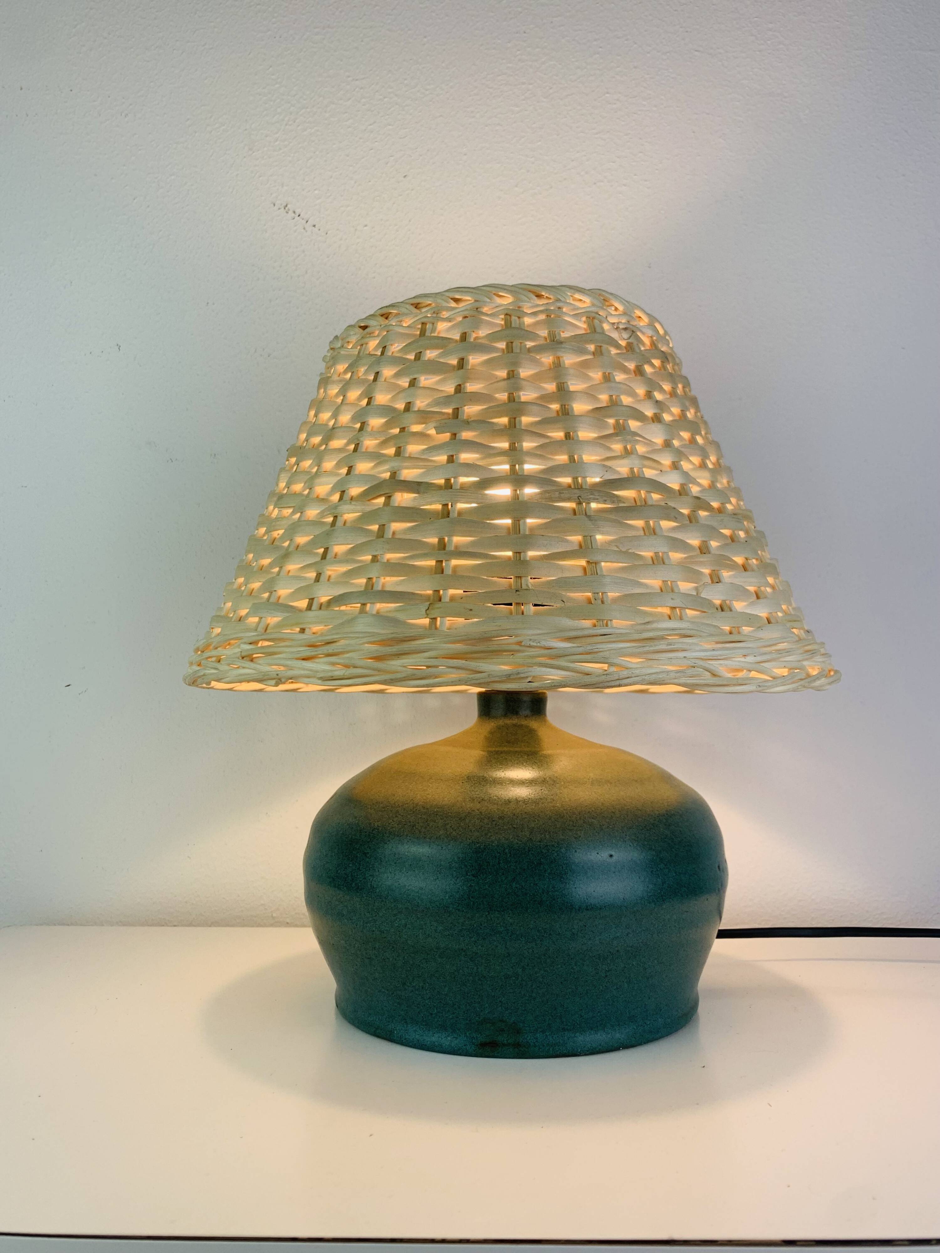 Ceramic green/blue globe lamp, rattan shade, vintage