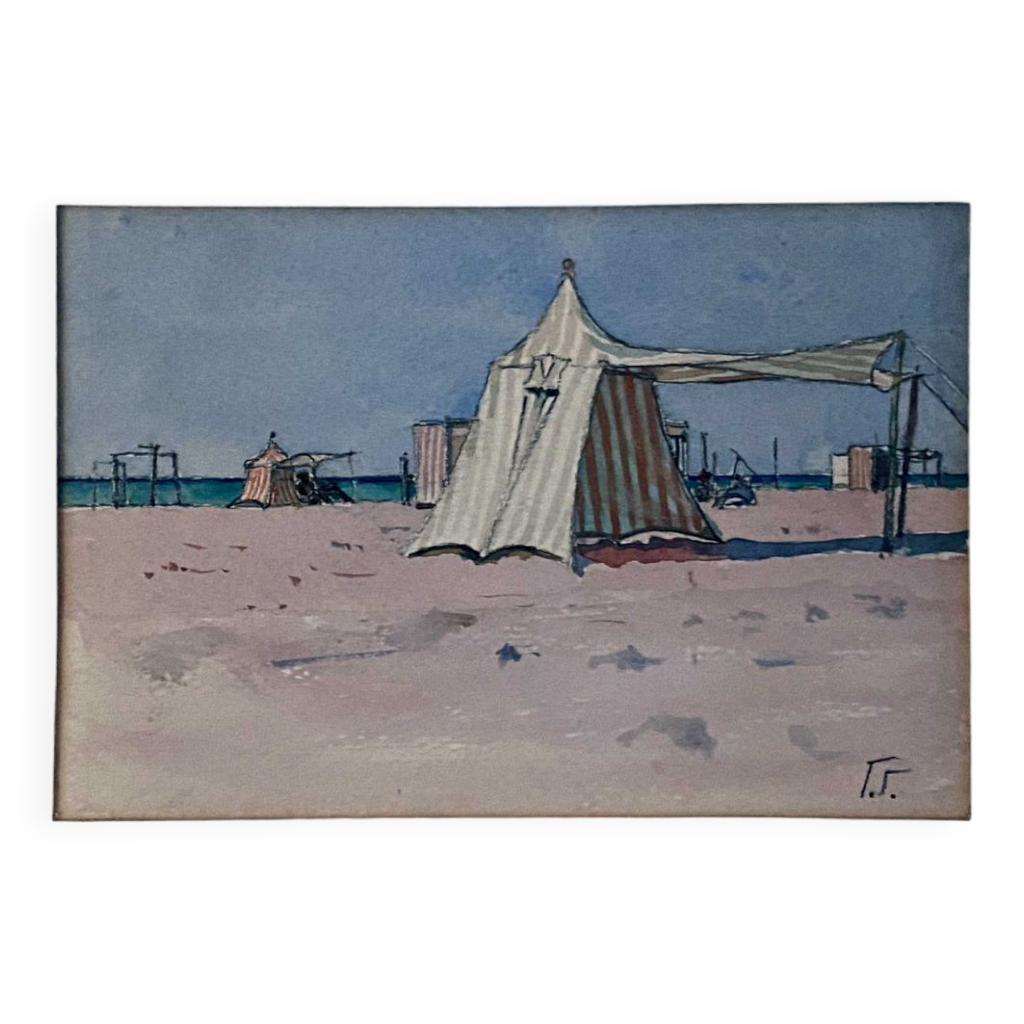 Watercolor Painting Seaside Normandy Beach? monogram 1957