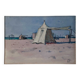 Watercolor Painting Seaside Normandy Beach? monogram 1957