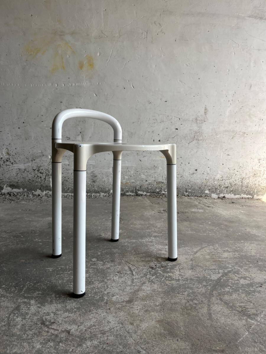 White molded plastic Kartell stool with metal legs — Anna Castelli Ferrieri, 1970s