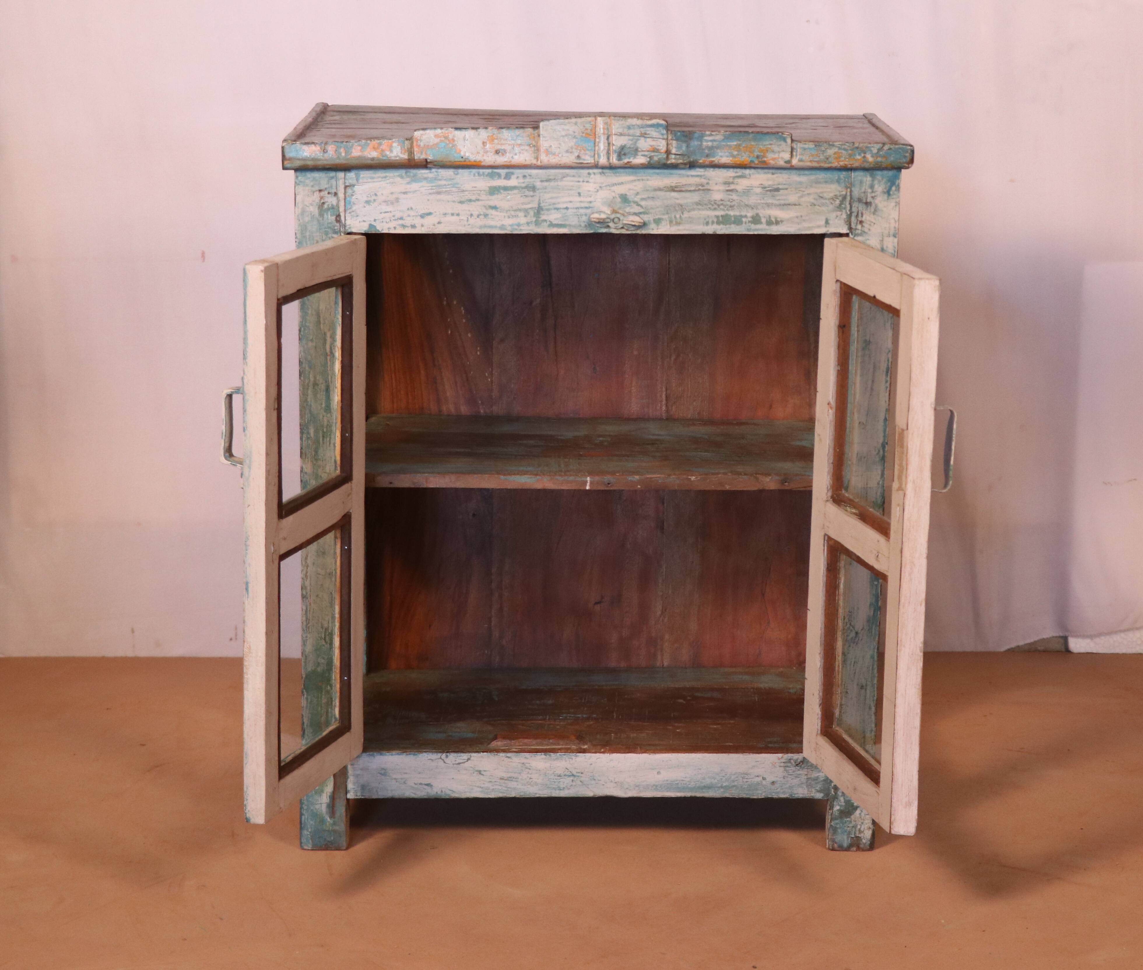Ancien garde manger en teck birman patine blanche-bleue d'origine