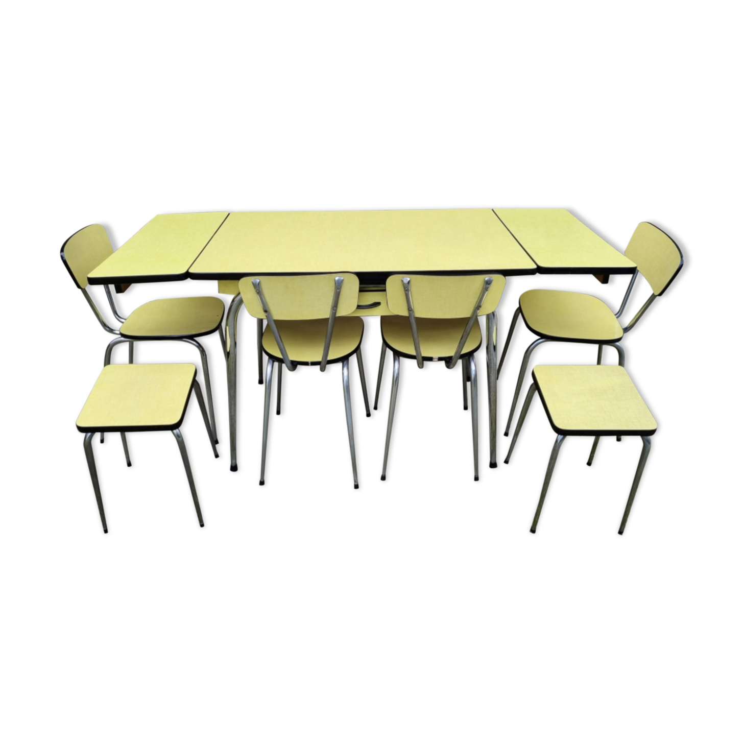Yellow formica table, 4 formica chairs and 2 matching stools, vintage, 60s.