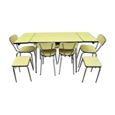 Yellow formica table, 4 formica chairs and 2 matching stools, vintage, 60s.