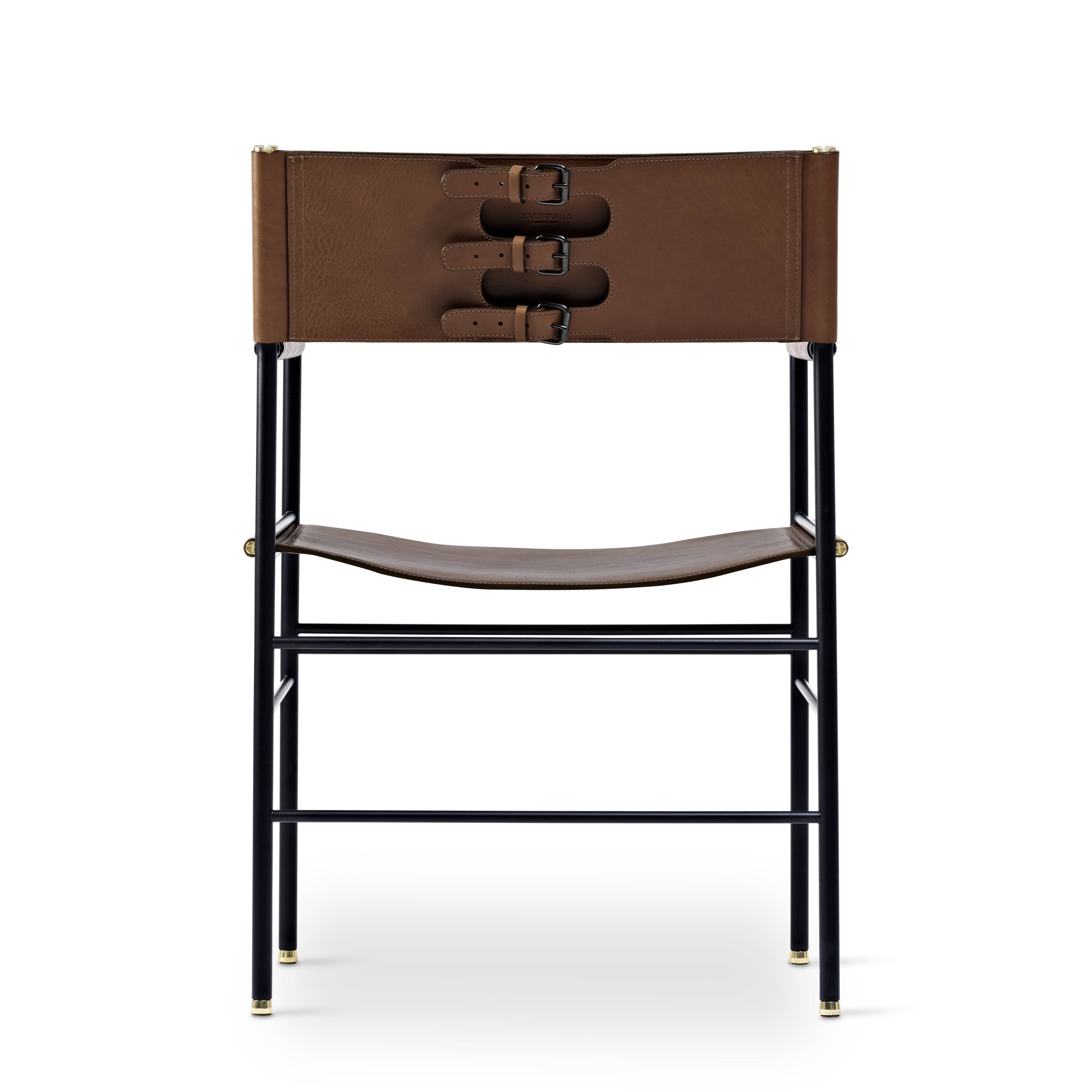 Set of 4 bar stools with backrest, dark brown leather and black metallic rubber.