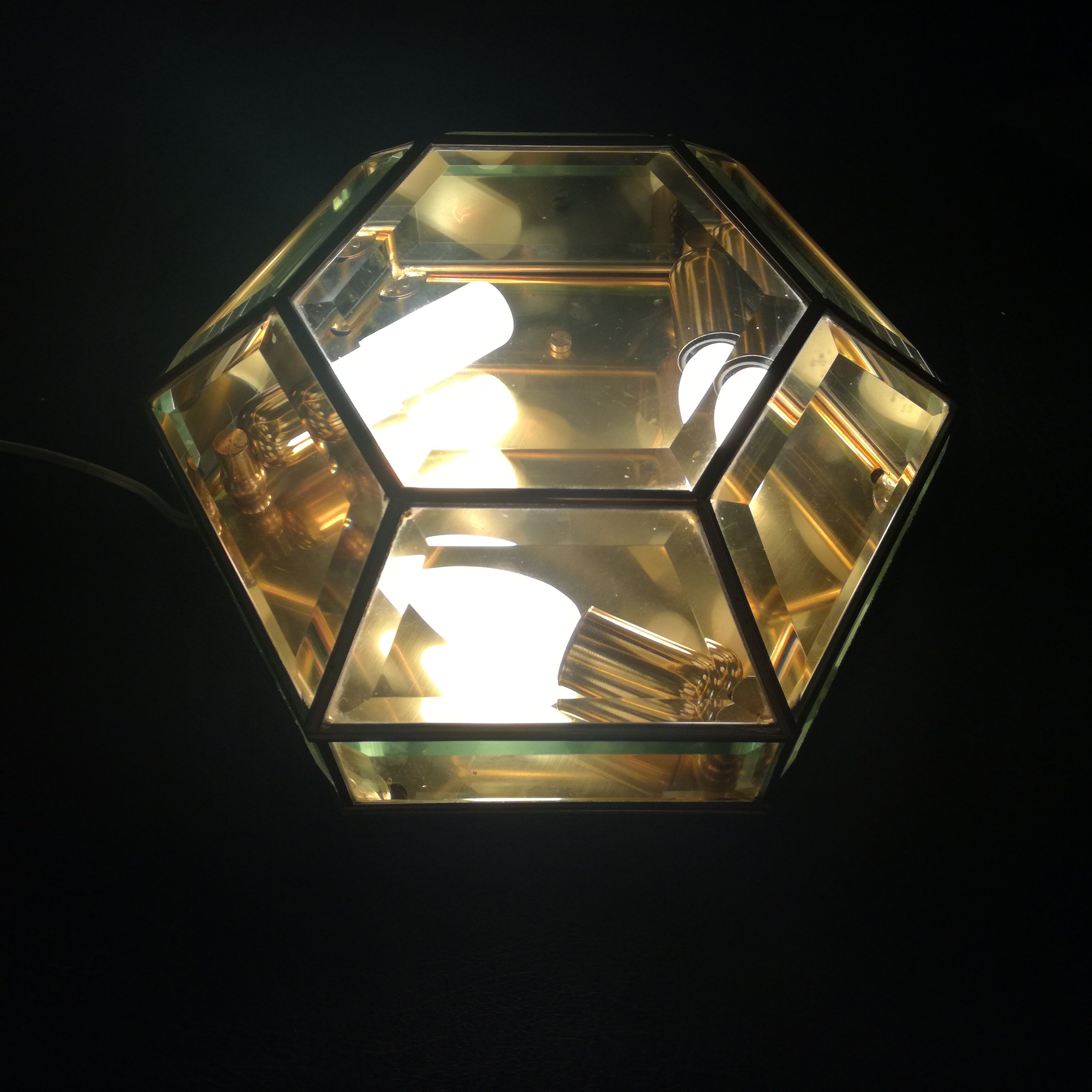 Hexagonal brass and bevelled glass ceiling light