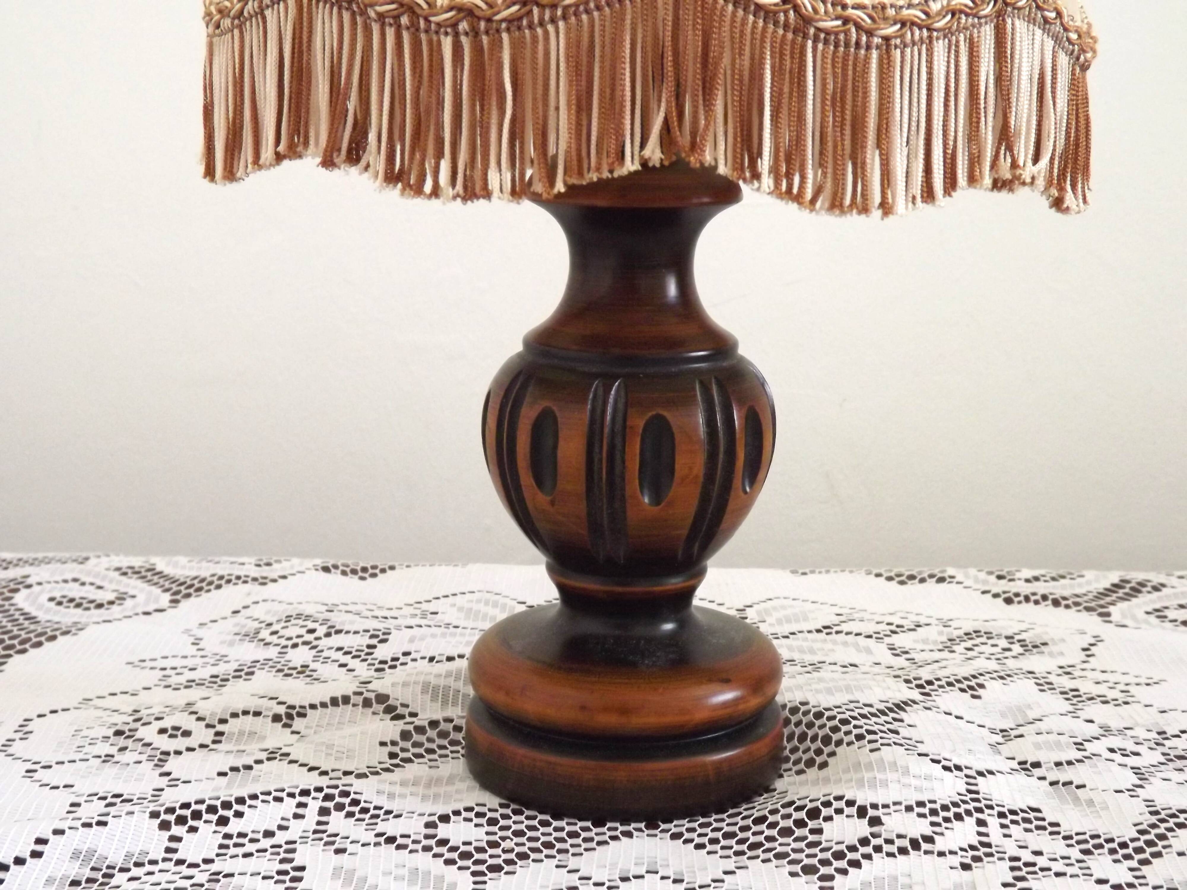 French Mid Century Round Turned Wood Grooved Table Lamp Hide Skin Shade