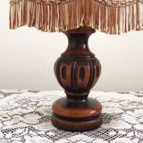 French Mid Century Round Turned Wood Grooved Table Lamp Hide Skin Shade
