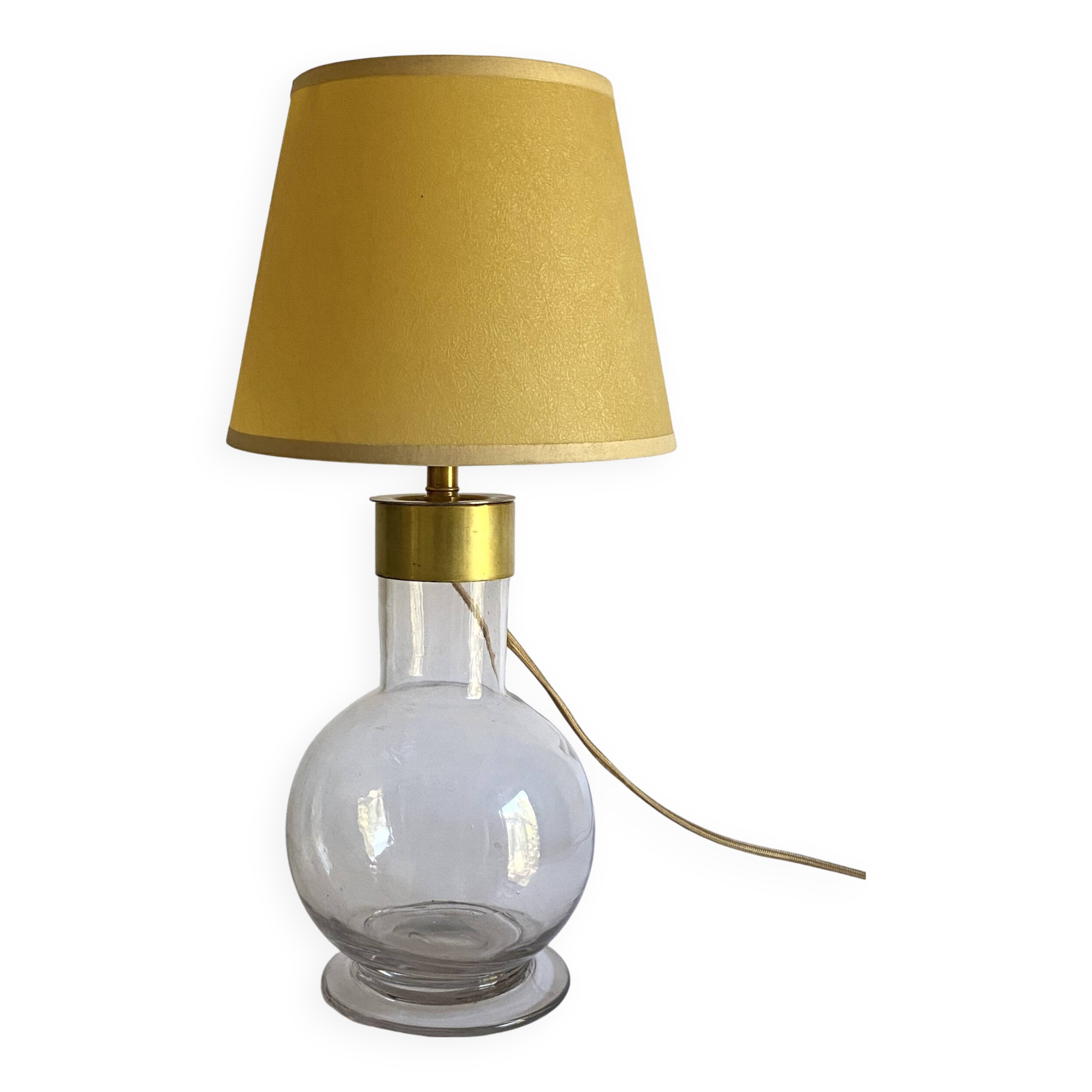 Glass lamp, brass, 2 M fabric cable, 50s lampshade