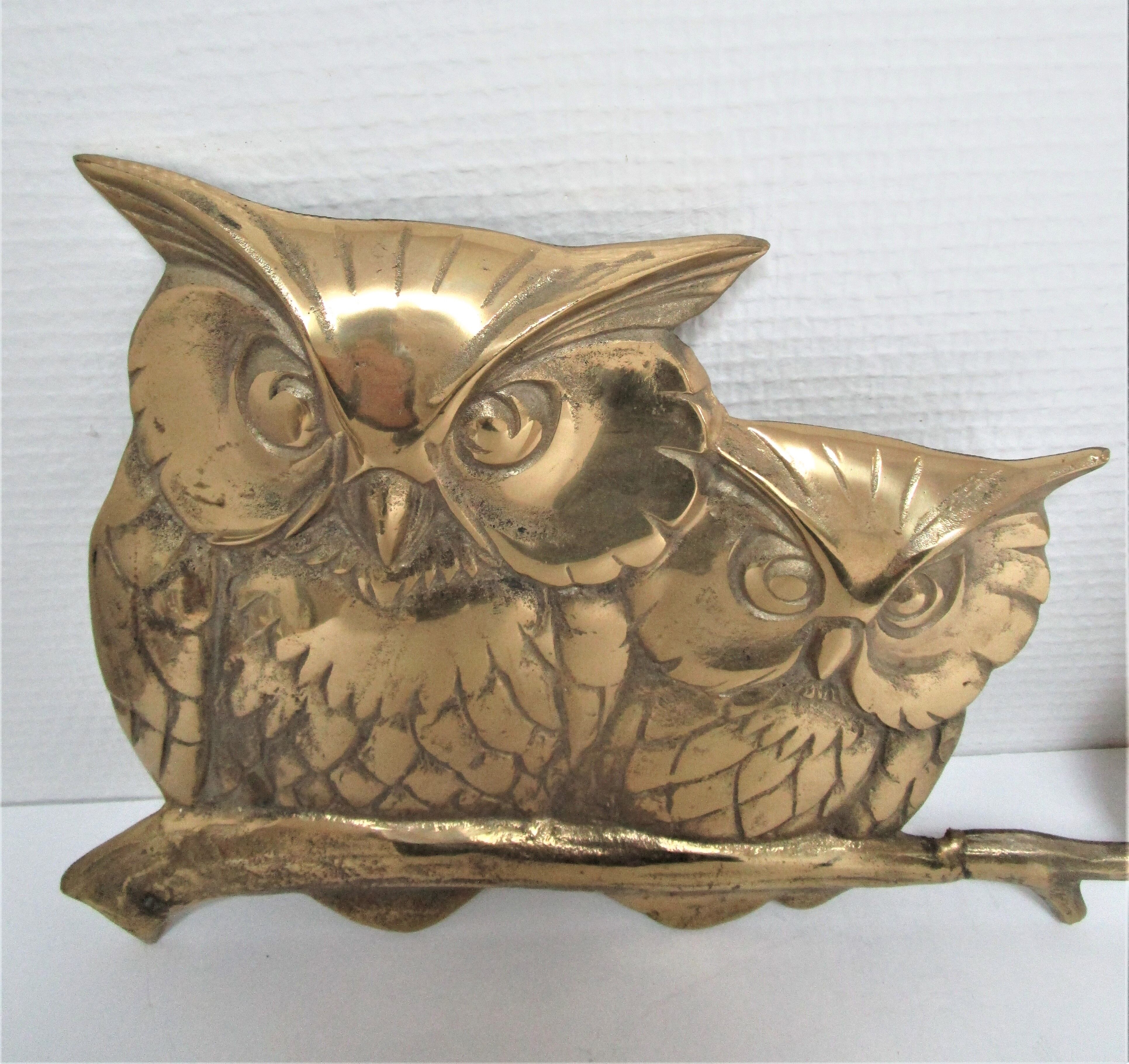 Three owls on a massive brass branch vintage wall decoration
