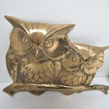 Three owls on a massive brass branch vintage wall decoration