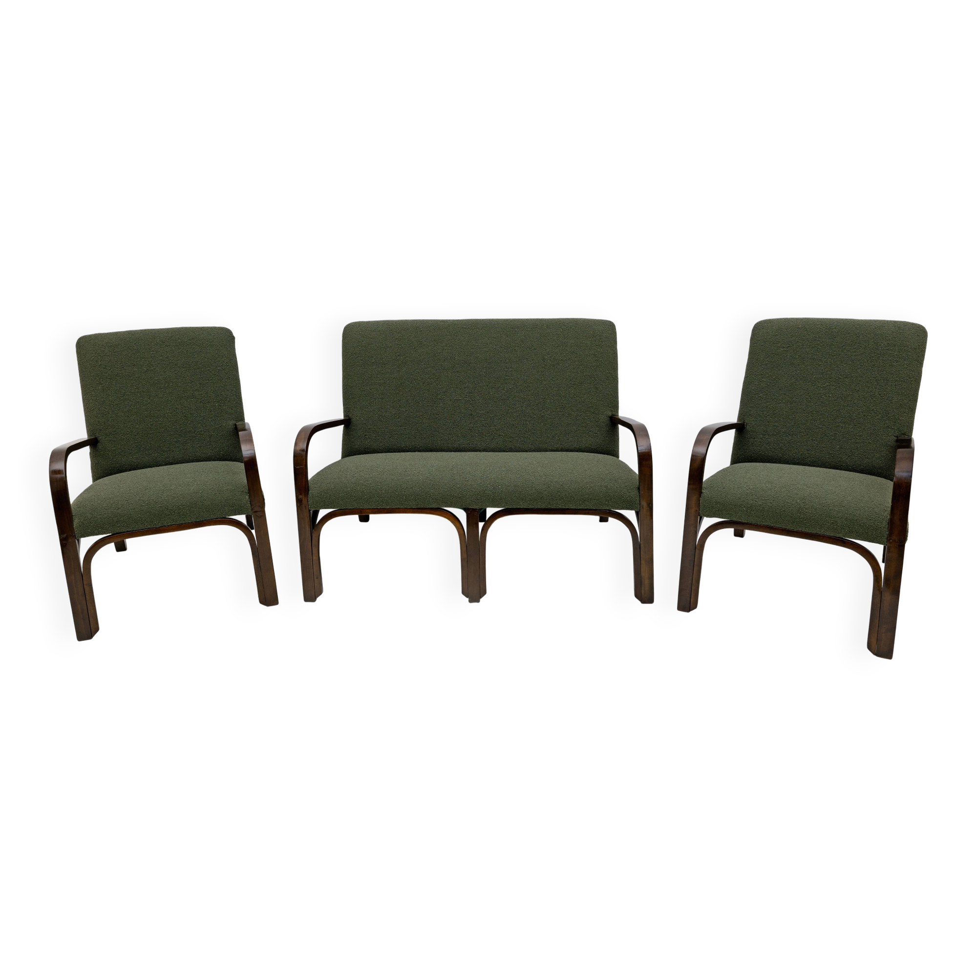 Ensemble Art Déco italien Bouclè vert composé de deux fauteuils et d'un petit canapé, années 1930