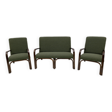 Art Dèco Italian Green Bouclè Two Armchairs and Small Sofa, 1930s