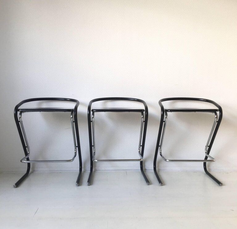Set of three bar stools black and chrome of Thema Italy to the 1970s