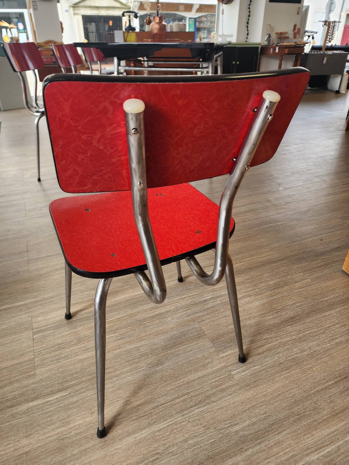 Vintage Lafague red formica set, 1 table, 6 chairs and 1 stool