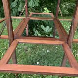 Glass-enclosed old tea table with wooden tray, bronze and brass