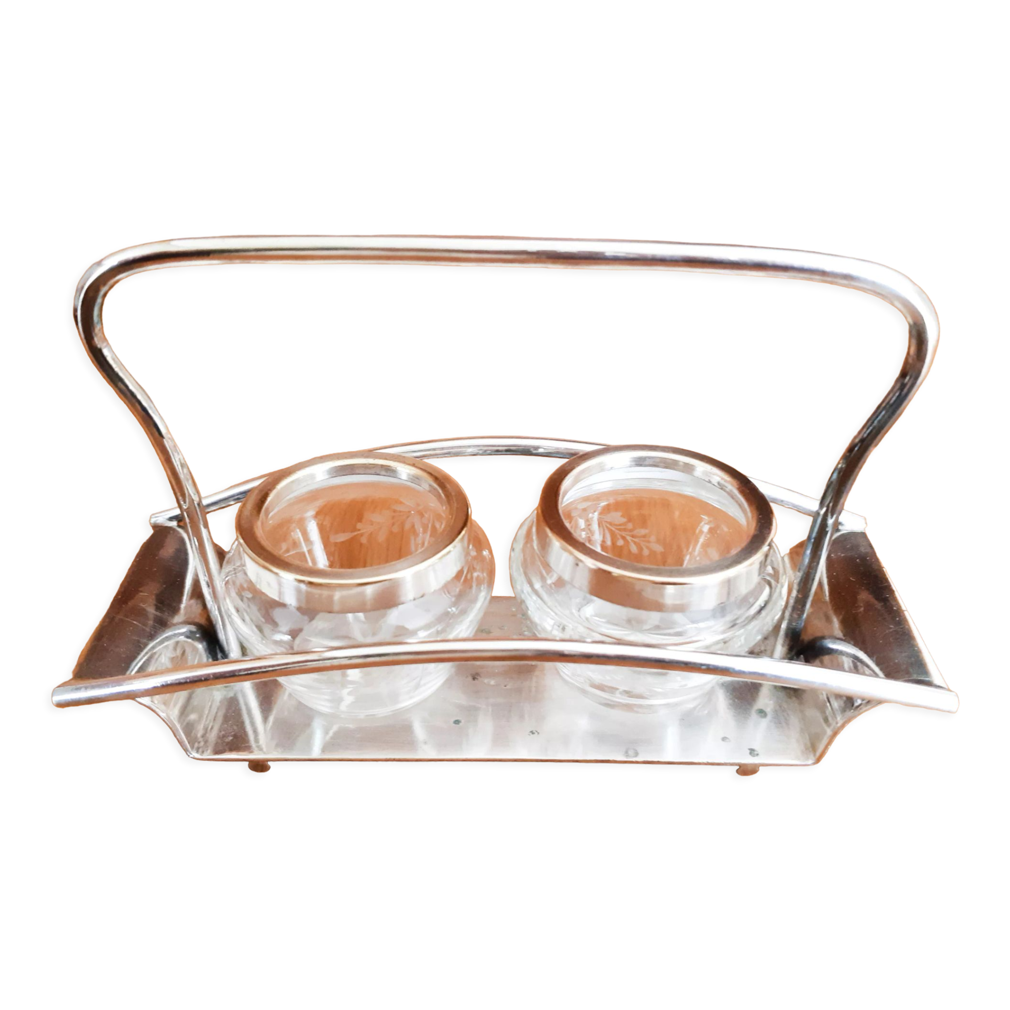 Salt and pepper shaker in chiseled glass and silver metal; Ancient French