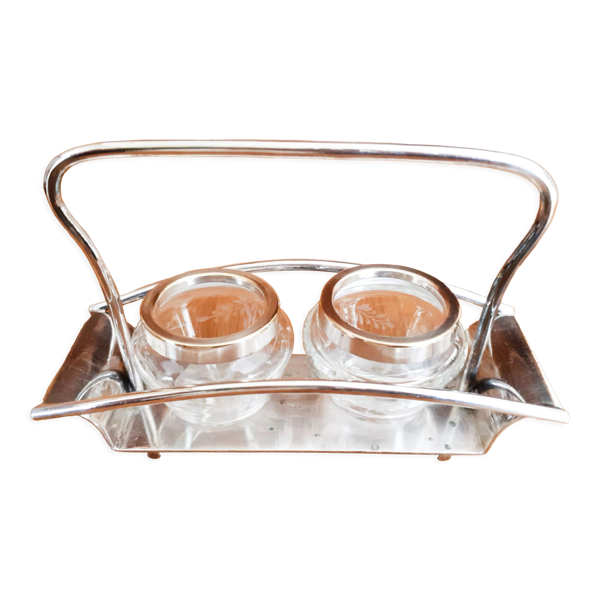 Salière et poivrière en verre ciselé et métal argenté, antique français