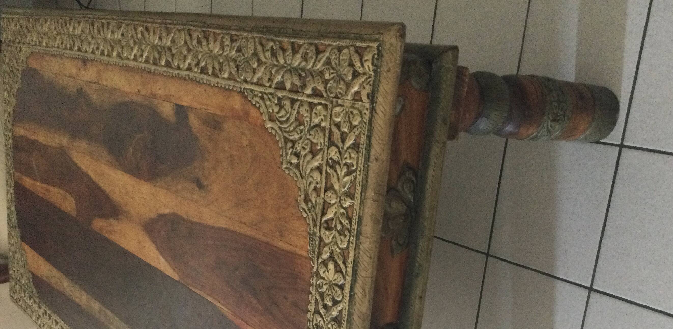 Large vintage Indian coffee table made of solid sheesham wood and brass.