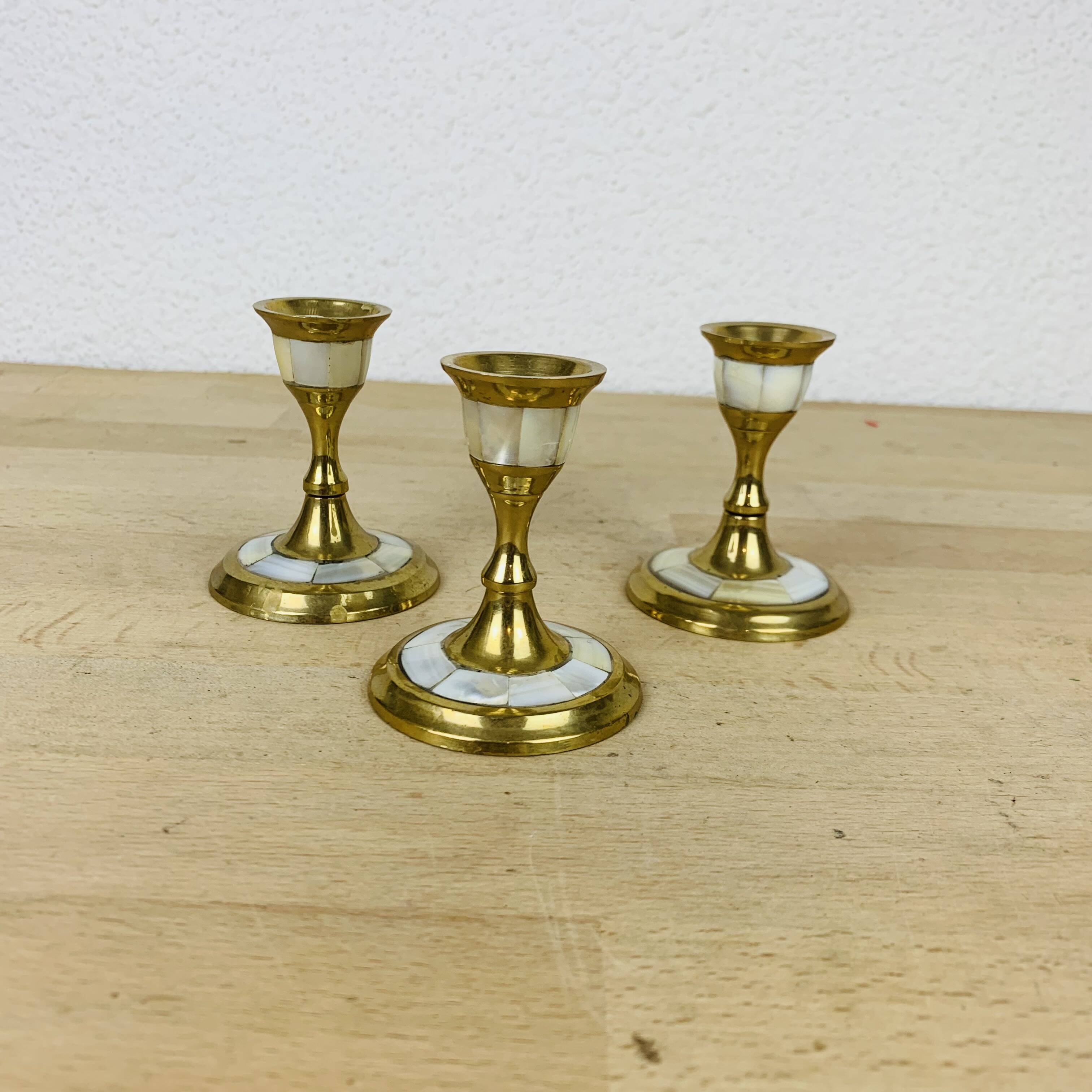 3 vintage mother-of-pearl and golden brass candlesticks