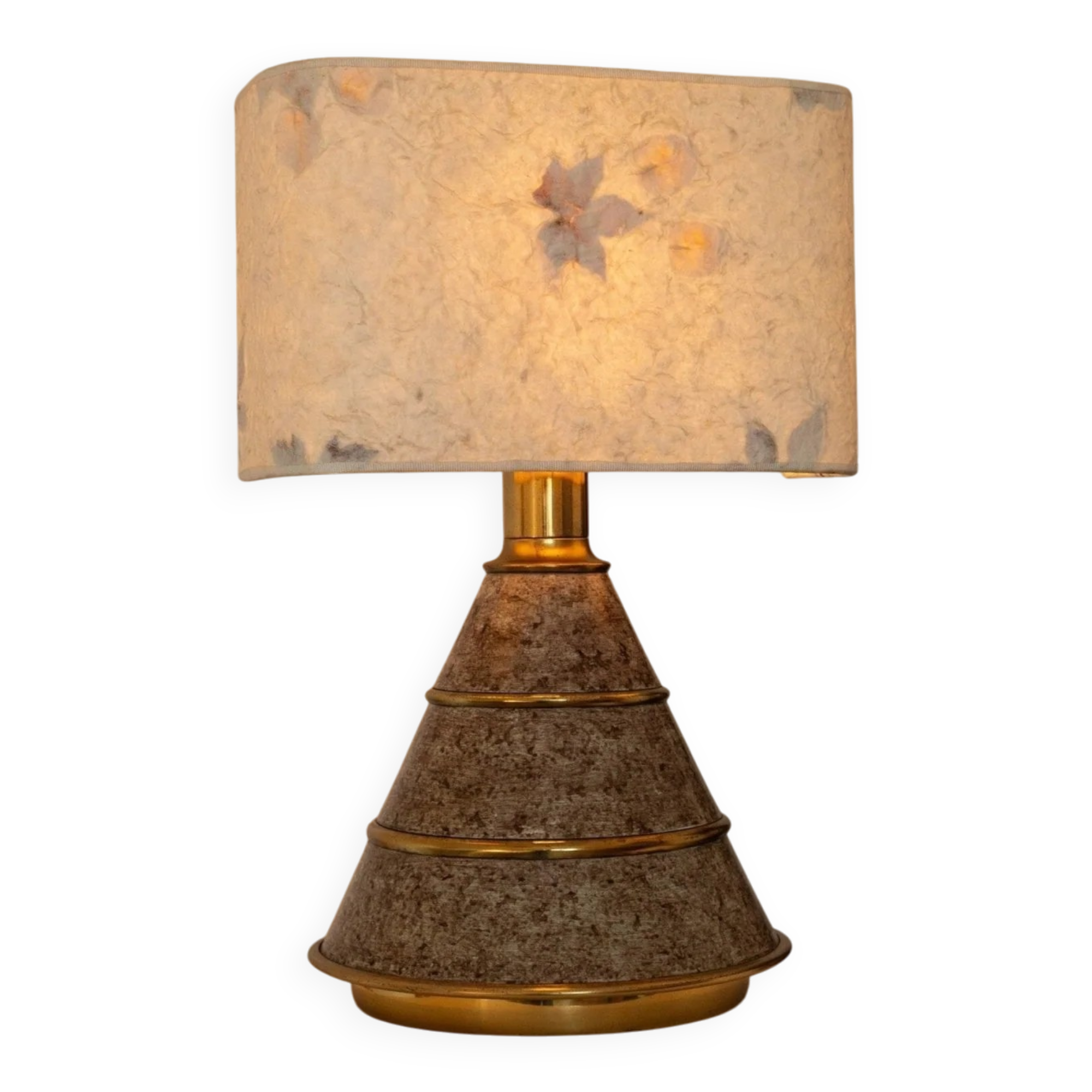 Brown ceramic mid-century table lamp with cream handmade paper floral shade and brass accents
