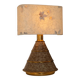 Brown ceramic mid-century table lamp with cream handmade paper floral shade and brass accents