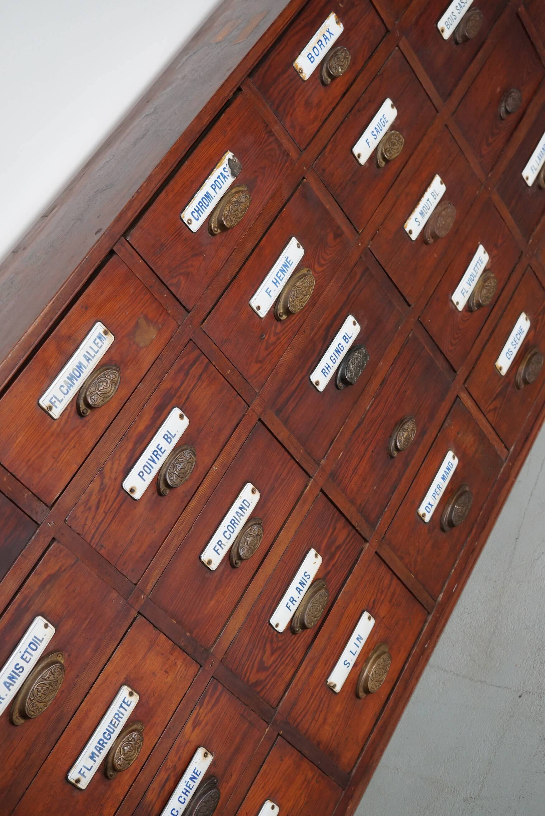 Large Antique Belgian Pitch Pine Apothecary Cabinet with Enamel Shields, 1900s