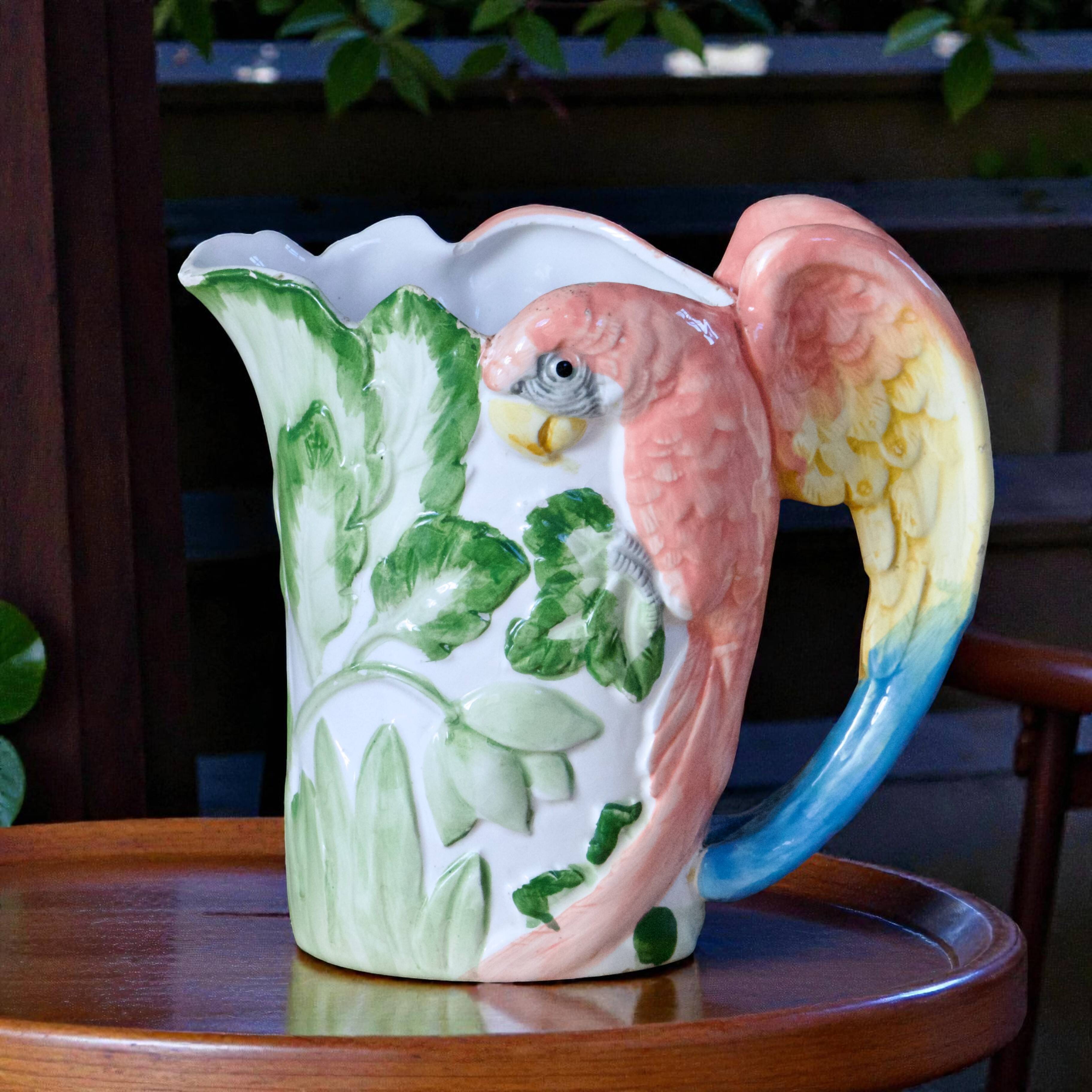 Vintage carafe in animal-shaped barbotine, parrot Ara.