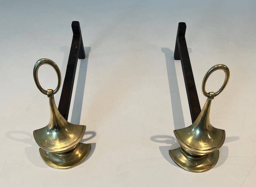 Pair of Bronze Chenets in Neoclassical Style in the Form of an Oil Lamp