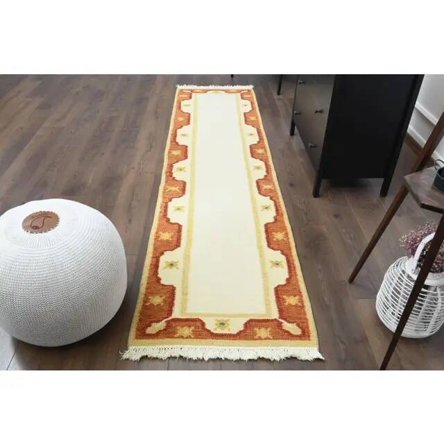 1970s Vintage Turkish Oushak Handmade Wool Cotton Beige Runner Rug 73x289