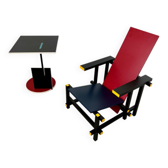 Armchair red and blue and gueridon design gerrit thomas rietveld vintage, unknown contemporary edition