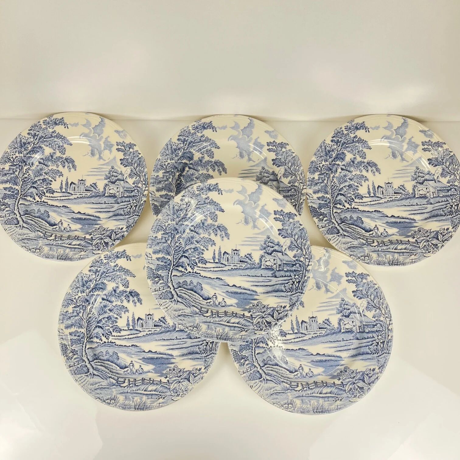 Set of 6 flat plates "English style" blue, Lunéville