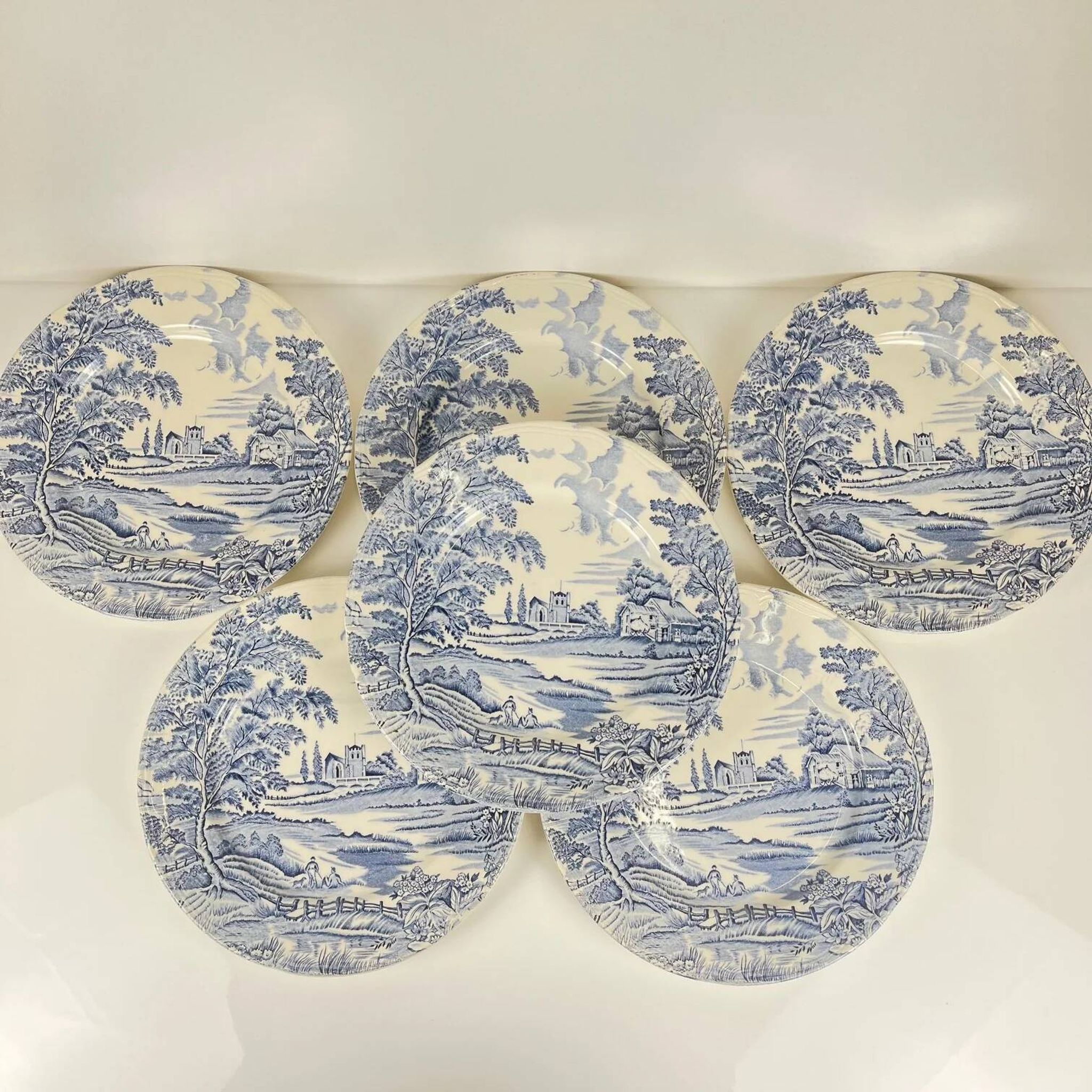 Set of 6 flat plates "English style" blue, Lunéville
