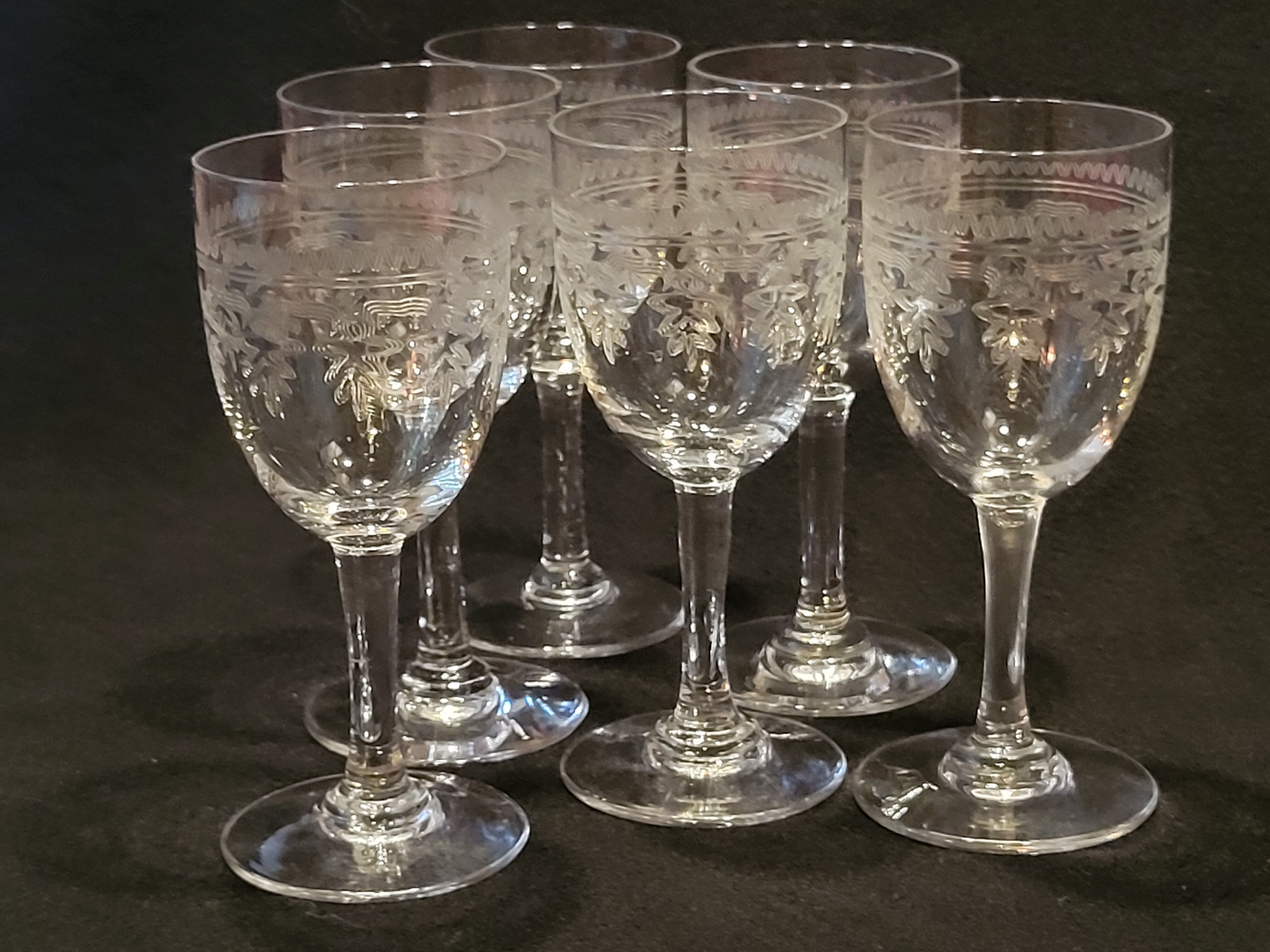 6 old Port stemmed glasses in engraved baccarat crystal