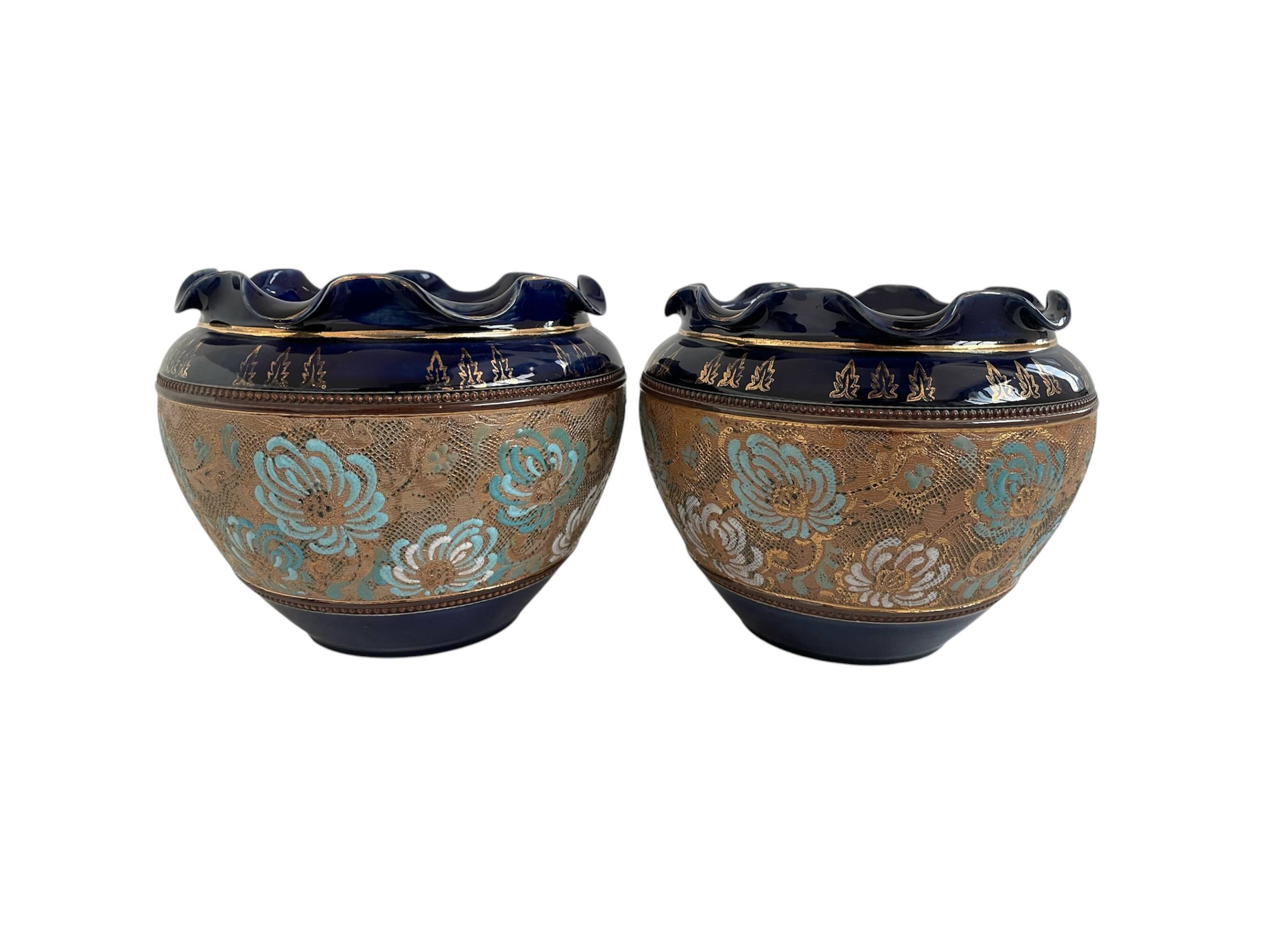 Pair, cache pots, royal doulton, english earthenware, 1920-1930, floral decoration, blue and gold, marks in