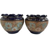 Pair, cache pots, royal doulton, english earthenware, 1920-1930, floral decoration, blue and gold, marks in