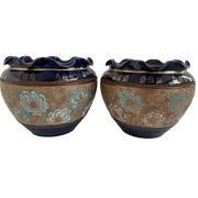 Pair, cache pots, royal doulton, english earthenware, 1920-1930, floral decoration, blue and gold, marks in