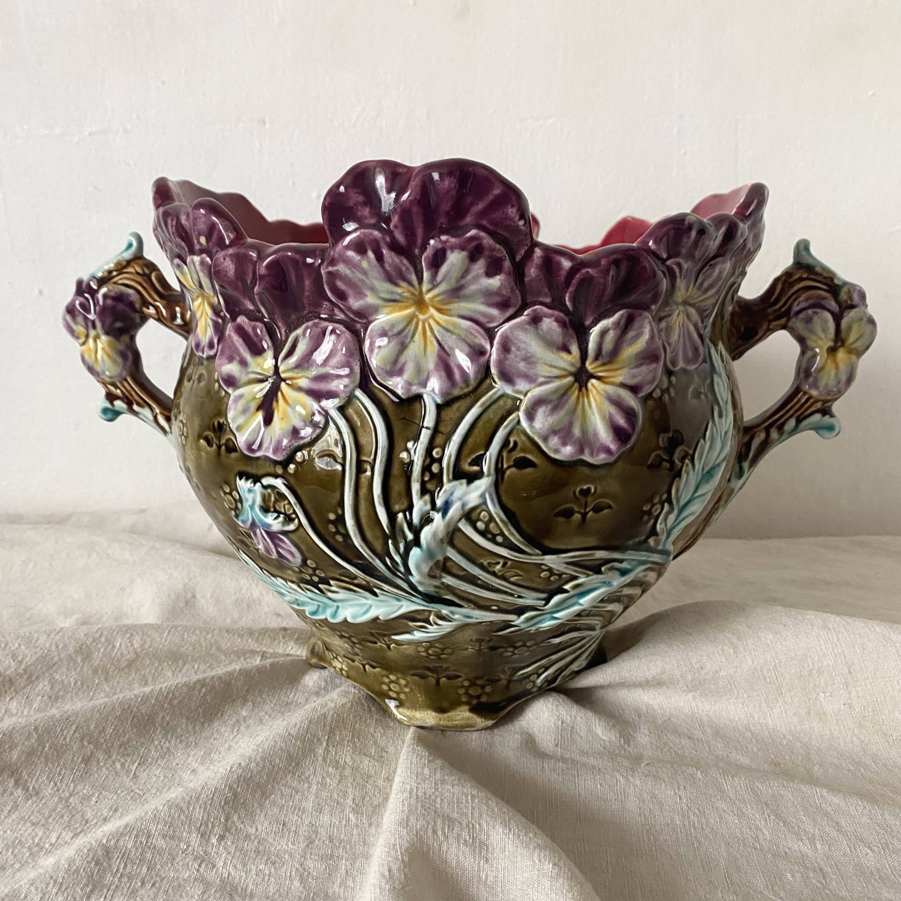 Art Nouveau earthenware cachepot, Onnaing pansies