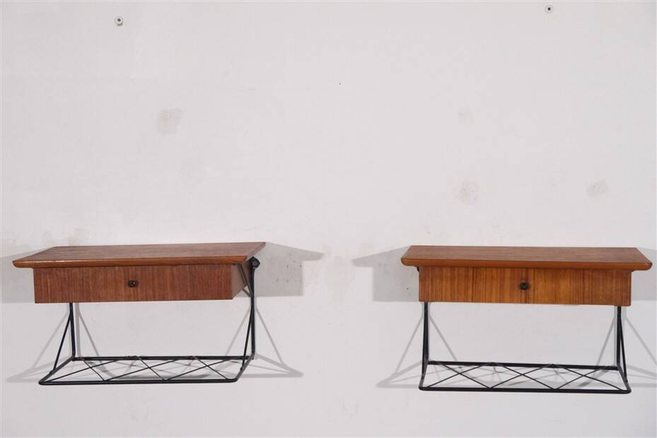 Pair of vintage Scandinavian hanging bedside tables 1960