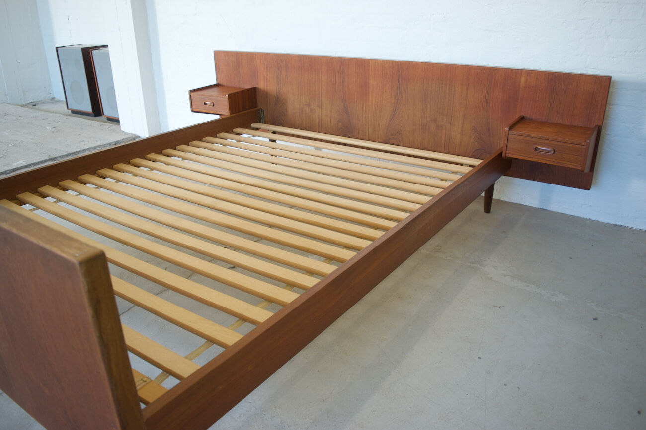 Danish Mid-Century Teak Floating Double Bed, 1950's.