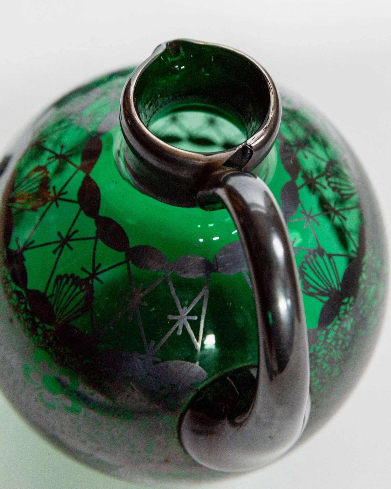 Vintage Murano Green Glass Liqueur Set with Hand-Painted Silver Decor – Decanter and Four Glasses, Italy, 1930s