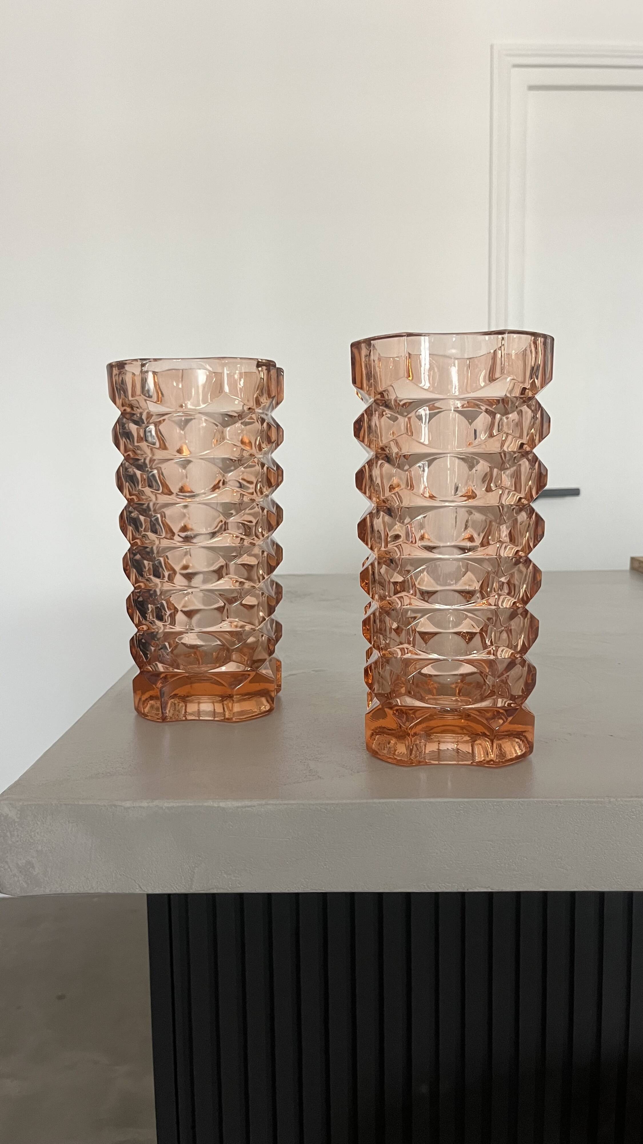 Pair of pink molded glass vases