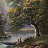Oil on panel riverside landscape by J. Audry 20th century